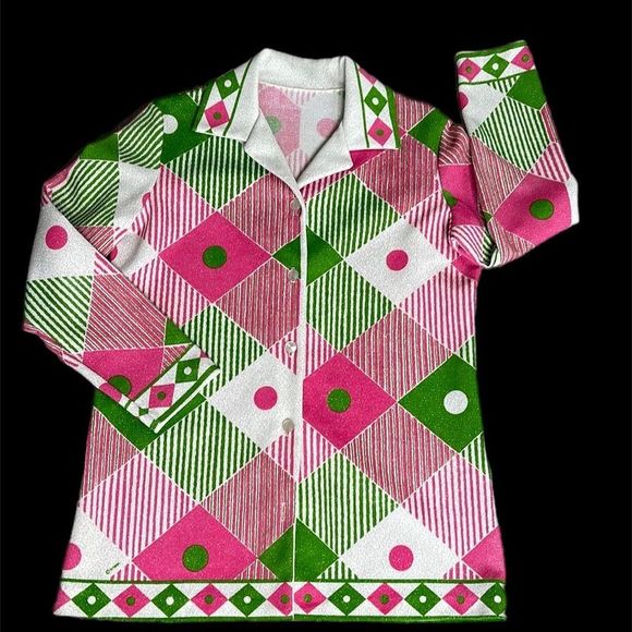 Vintage 1970s Abstract Polyester Button Front Top - Picture 1 of 16